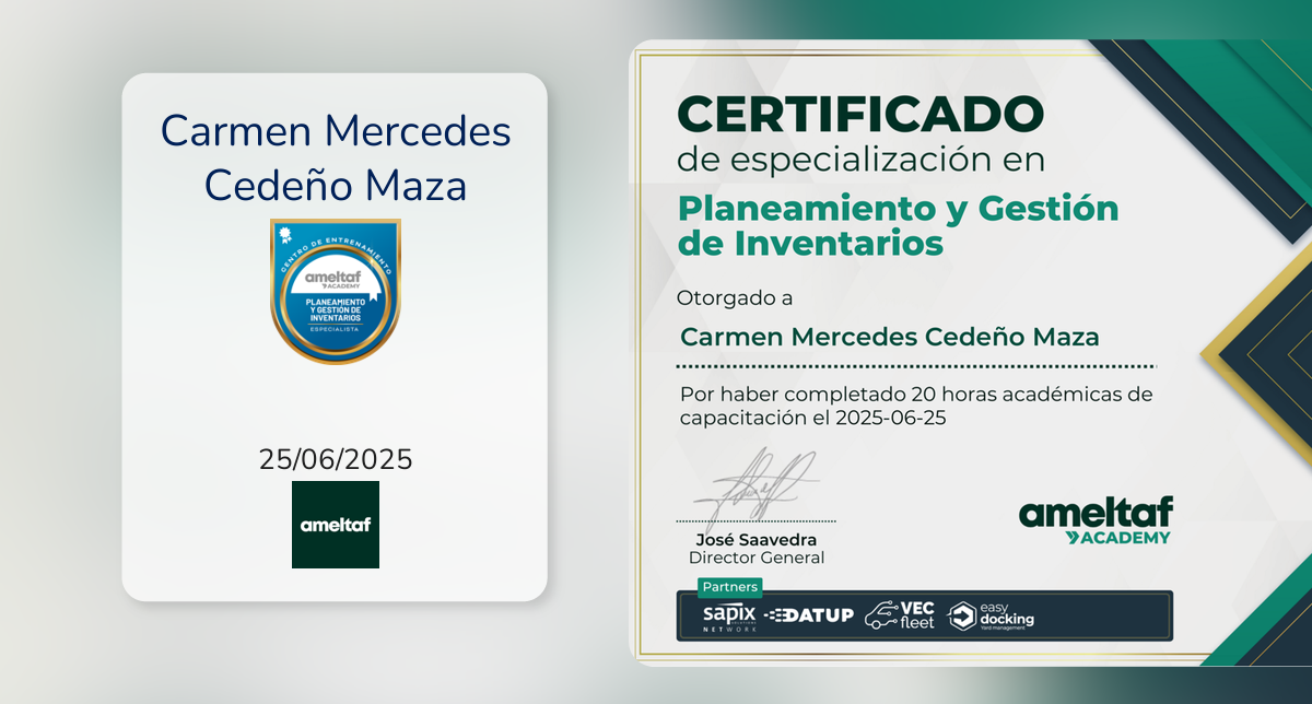 Mb Certification Ruta Planeamiento y Gestión de Inventarios fue emitido por AMELTAF a Carmen ...