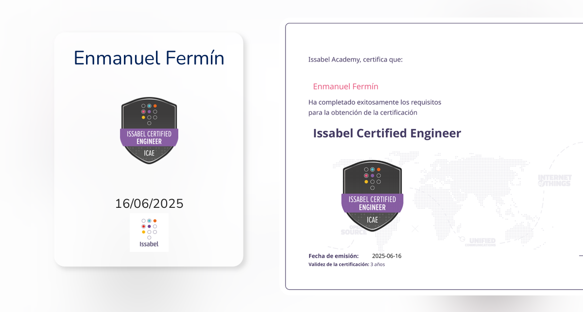 Mb Certification Ruta Issabel Certified Engineer fue emitido por Issabel LLC a Enmanuel Fermín.