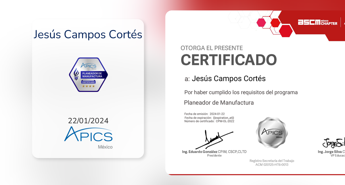 Planeador de Manufactura fue emitido por APICS México Chapter a Jesús ...