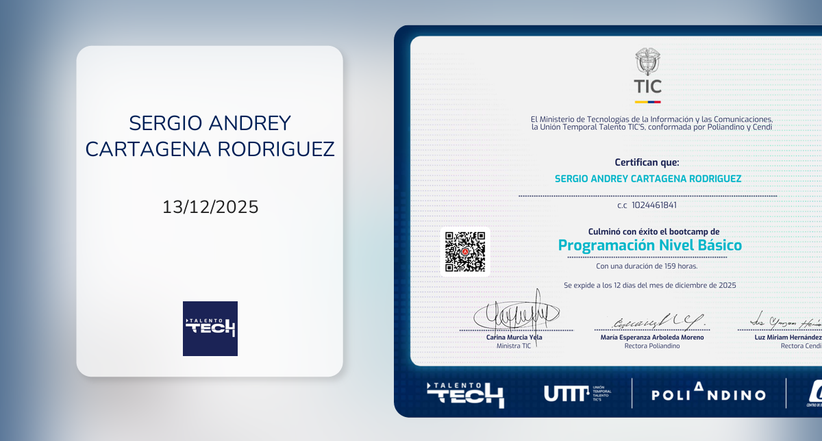 Talento Tech fue emitido por Talento Tech a SERGIO ANDREY CARTAGENA ...