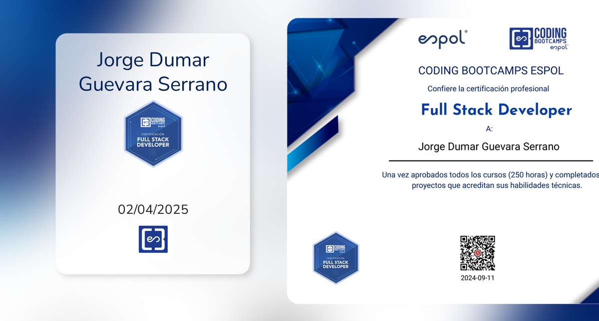 Full Stack Developer fue emitido por Coding Bootcamps Espol a Jorge ...