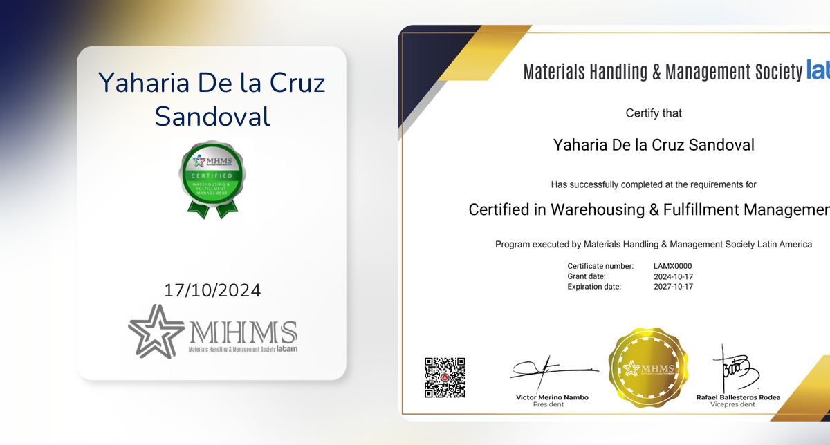 Mb Certification Ruta Certified in Warehousing & Fulfillment Management fue emitido por MHMS ...