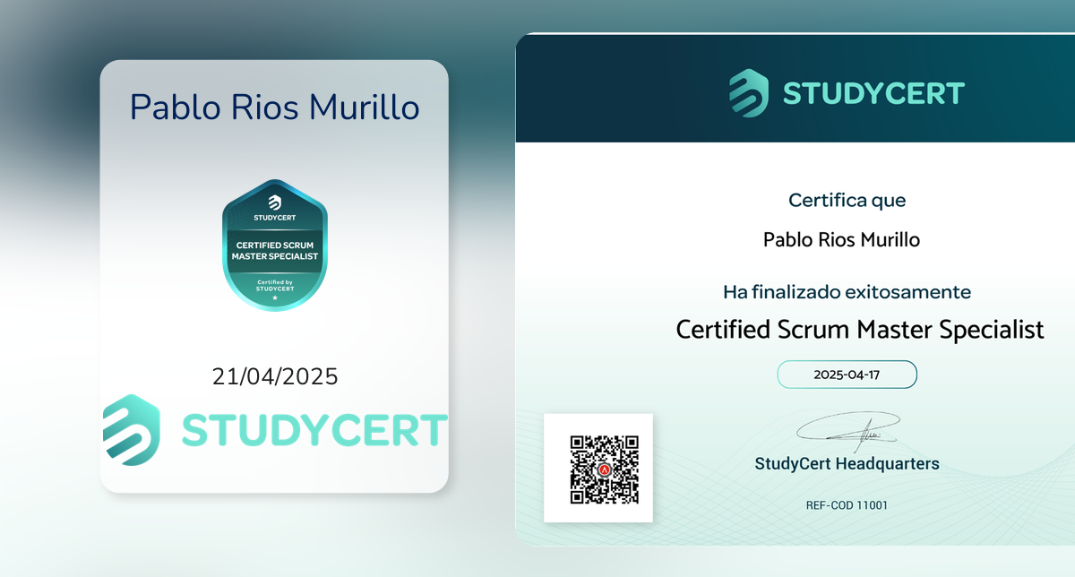 Mb Certification Ruta Certified Scrum Master Specialist fue emitido por Studycert a Pablo ...